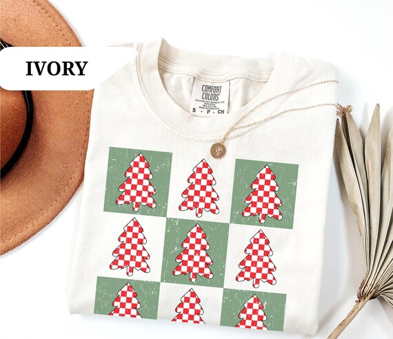Comfort Colors® Christmas Tree Shirt, Retro Checkered Holiday Tee, Red Plaid Xmas Graphic T-Shirt, Christmas Gift Shirt, retro christmas tee