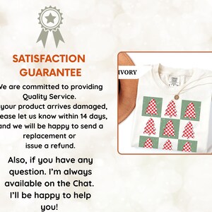 May include: Ivory-colored t-shirt featuring a grid of green squares, each with a red and white checkered Christmas tree design. The shirt has a round neckline and short sleeves. The text "SATISFACTION GUARANTEE" is displayed above a customer service message.