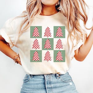 Comfort Colors® Christmas Tree Shirt, Retro Checkered Holiday Tee, Red Plaid Xmas Graphic T-Shirt, Christmas Gift Shirt, retro christmas tee image 2