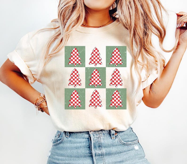 Comfort Colors® Christmas Tree Shirt, Retro Checkered Holiday Tee, Red Plaid Xmas Graphic T-Shirt, Christmas Gift Shirt, retro christmas tee image 2