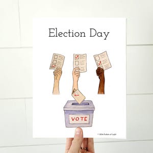 Pode incluir: Ilustração em aquarela com o texto "Election Day". A imagem mostra mãos segurando cédulas de votação acima de uma urna com a etiqueta "VOTE". As cédulas têm marcas de seleção e uma está sendo colocada na urna. A imagem promove a votação.