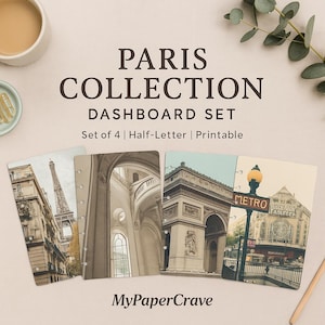 以下が含まれることがあります： パリのランドマークをフィーチャーした、印刷可能なハーフレターダッシュボードインサートのセット。インサートは、エッフェル塔、凱旋門、その他の建築の詳細を紹介しています。「PARIS COLLECTION DASHBOARD SET」というテキストが表示されています。