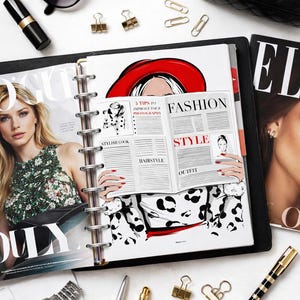 May include: A flat lay featuring fashion accessories and magazines. Includes black sunglasses, a black quilted handbag, a wristwatch, pens, lipstick, and gold paper clips. A magazine is open to a spread with the words "Fashion Style Outfit".