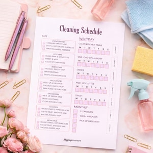 May include: A pink cleaning schedule checklist with a floral arrangement, pens, and cleaning supplies. The checklist includes tasks like vacuuming, washing dishes, and cleaning the kitchen table. Gold paper clips and a notebook are also present.