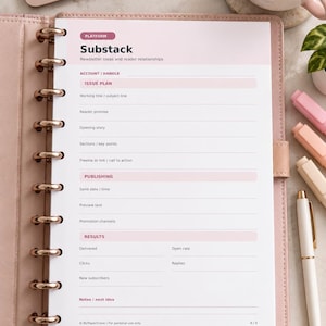 May include: A light pink disc-bound planner containing a Substack newsletter planning sheet. The page features sections for account details, issue plans, publishing schedules, and results, with printed text including Platform, Substack, and Results.