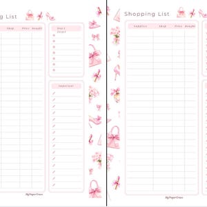 May include: A printable shopping list with two columns for supplies and shop, a column for price and a column for whether the item has been bought. There are also two columns for "Don't Forget" and "Important". The page is decorated with pink bows, shoes, and handbags.