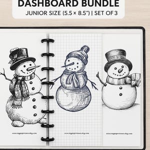 May include: A dashboard bundle set of 3 junior-sized (5.5 x 8.5 inches) planner inserts. Each insert features a detailed pen and ink drawing of a snowman wearing a hat and scarf. The inserts are held together by a black binder.
