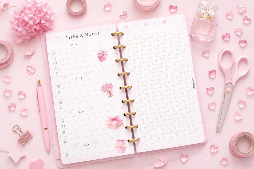 Cute Pink Checklist & Grid Notes Page | Tasks/notes Planner Insert ...