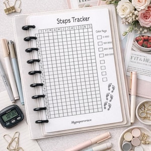 May include: A white Steps Tracker journal with a grid for tracking steps, pens, and a pedometer. The journal has a black binding and the text "Steps Tracker" and "Mypapercrave". There are also decorative items like paper clips and a small bouquet of flowers.