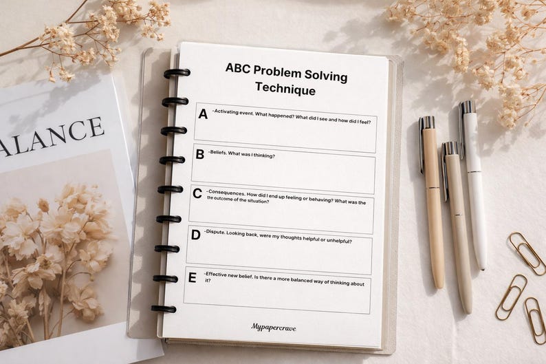May include: A notebook with the text "ABC Problem Solving Technique" and sections labeled A through E. The notebook is open, with pens and paperclips nearby. The background includes dried flowers and a magazine.
