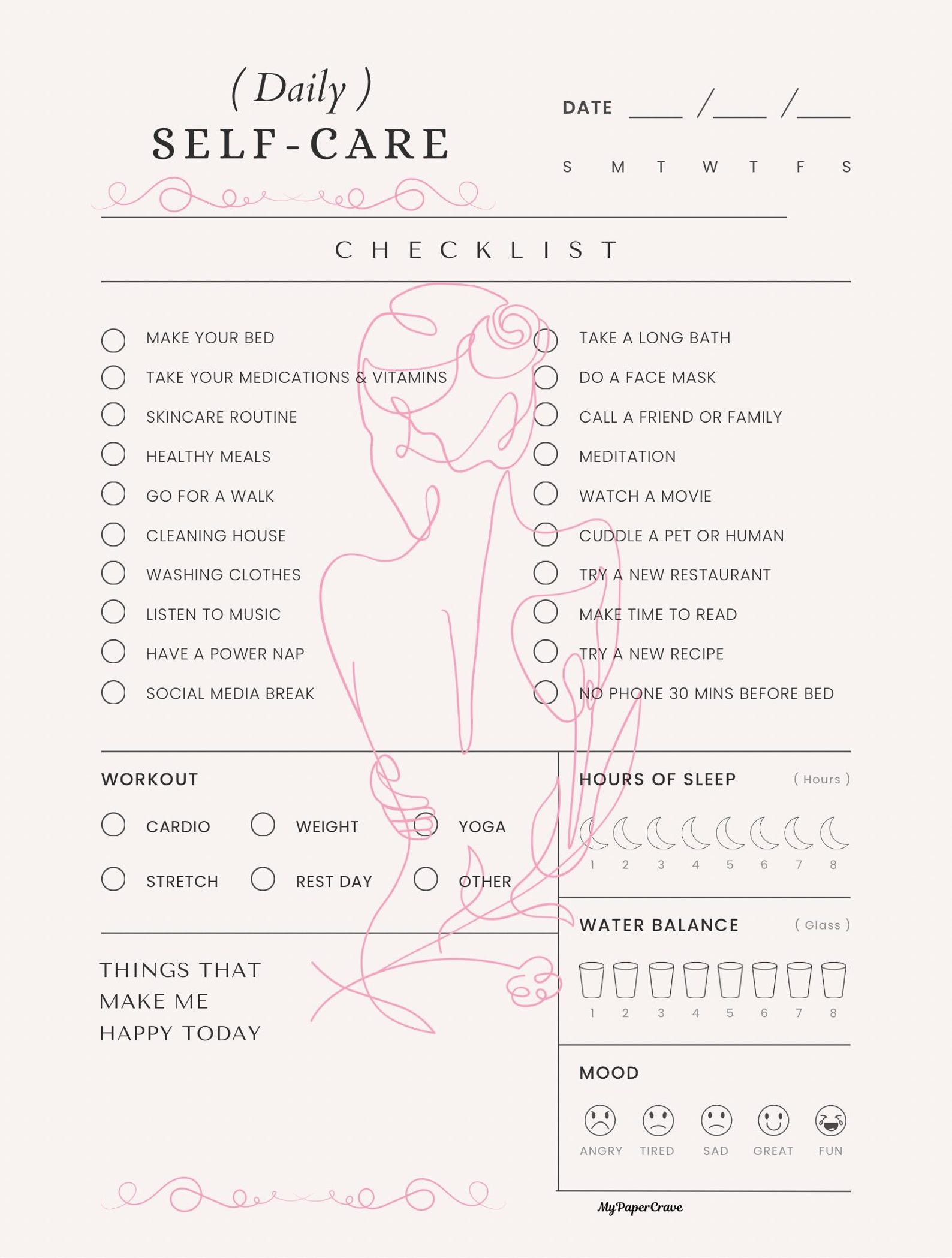 Self-care Checklist Printable | Daily Wellness Planner (digital ...