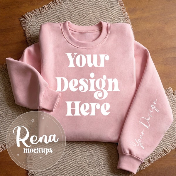 Crewneck Light Pink Folded Sweater Sleeve Mockup Flat Lay Light Pink Gildan 18000 Mock Up Gildan 1800 Sleeve Mock Pink Folded Sweatshirt Png