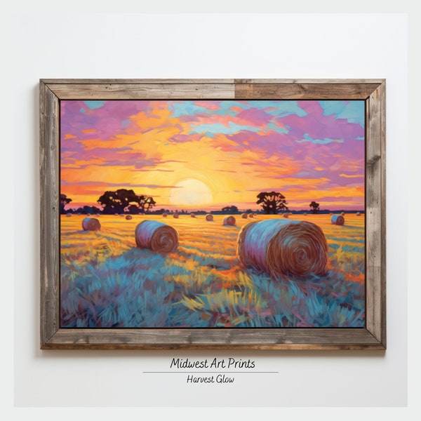 Harvest Glow Midwest Art Print Hay Bale Painting Vibrant Color Sunrise Farm Painting Home Decor Wall Art Hay Bale Farmhouse Art Printable