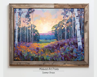 Zeitgenössische Kunstdruck Birke Bäume Kunst Wildblumen im Feld Mittlerer Westen Landschaft Sonnenaufgang Landschaft Lebendige Sonnenuntergang Impressionismus Gemälde