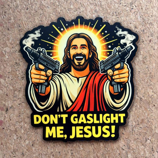 Uzi Jesus - Steek me niet aan, Jezus! Vinylsticker, fanart dungeon crawler Carl