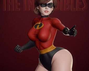 May include: A 3D rendered figure of a female superhero from "The Incredibles" movie. She wears a red bodysuit with a black mask, gloves, and shorts. The figure is posed against a dark red background, with the movie title in the background.