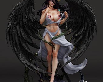 May include: A detailed figurine of a female character with black wings, horns, and long dark hair. She wears a white outfit and stands on a rocky base with green vines. The figurine has an intricate design and a dynamic pose.