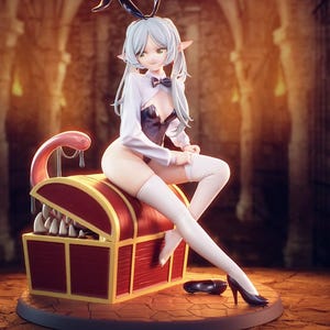 May include: A figurine of a female anime character with light blue hair, bunny ears, and elf ears, wearing a white shirt, black corset, and thigh-high white socks. She is seated on a red treasure chest with a toothy maw. Black high heels are on the base.