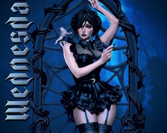 May include: A figurine of a woman in a black dress with a ruffled skirt, garter belt, and stockings. The figure has dark hair and is posed in front of a dark blue gothic arch. The word "Wednesday" is written in stylized letters on the left side.