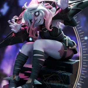 May include: A 3D-printed figurine of a fantasy character, Briar, with pale skin, pink and white hair, and sharp teeth. She wears a black outfit with armor-like details and leg wraps. The figurine is seated on a stone structure. Text reads "Briar 3D Print STL".
