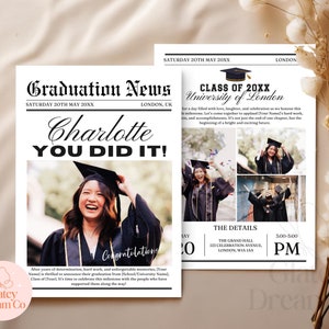 EDITABLE graduation newspaper poster invitation template Newspaper Graduation Announcement Canva template digital download