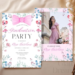 EDITABLE Pink Bow Wildflower Graduation Party Announcement Invitation with photo, Modern boho flower Pink Floral Girl Grad  Canva Template
