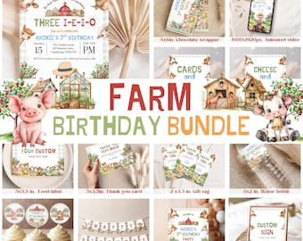 May include: A farm birthday party bundle featuring a collection of printable items including a 5x7 inch invitation, 4x6 inch chocolate wrapper, 5x3.5 inch food labels, 2x3.5 inch gift tags, 8x2 inch water bottle labels, and an 18x24 inch welcome sign.