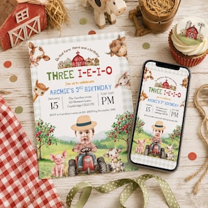 Three-I-E-I-O 3歳の男の子の誕生日招待状、写真付き、農場の動物、アニメーションビデオ、農家テーマのCanvaテンプレート