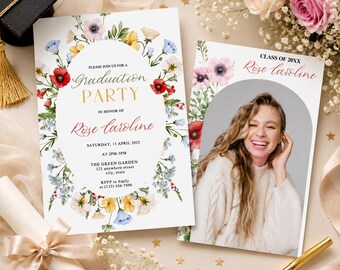 summer Floral Graduation Party Invitation Template, Class of 2026 Grad Invite, Spring Wildflower, Photo Card Printable Invite