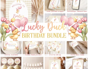 May include: A collection of party supplies with a Lucky Duck theme. Includes a welcome sign, cupcake toppers, water bottle labels, and a bunting banner. The design features a cartoon duck holding balloons and floral accents.