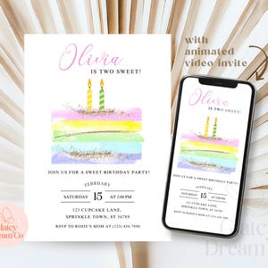 May include: A printable birthday party invitation with a colorful cake illustration and the text "Olivia is two sweet!" The invitation includes details for a birthday party on February 15th at 2:00 PM. RSVP to Rosie's Mom at (123) 456-7890.