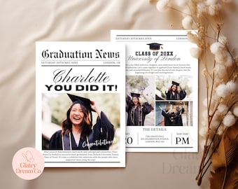 May include: Two white graduation announcement cards featuring the text Graduation News, Class of 20XX, and University of London. The cards include black and white photographs of a graduate wearing a cap and gown, with placeholders for names.