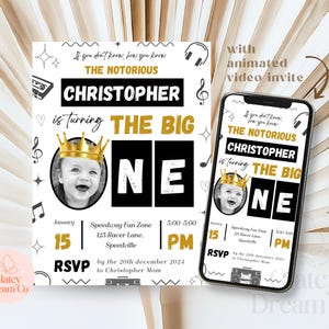 EDITABLE Notorious One, Animated video First Bday Invite, Hip Hop Birthday Invitation, Biggie Small 1St Birthday, Black And White printable