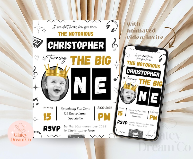 EDITABLE Notorious One, Animated video First Bday Invite, Hip Hop Birthday Invitation, Biggie Small 1St Birthday, Black And White printable