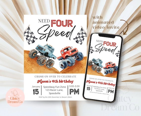 EDITABLE Editable Monster Truck Invitation and Animated Video Invite, Need four speed for Boys 4th Birthday Digital Party Template printable