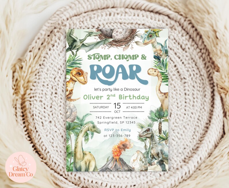 Dinosaur Birthday Invitation: Stomp, Chomp, Roar (Editable Canva Template, Digital Download) image 5