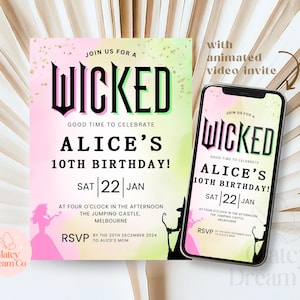 EDITIERBARE Wicked Geburtstagsfeier-Einladung, rosa und grüne Party, digitale Wicked Party Movie Ticket, Wicked Movie Ticket Einladung