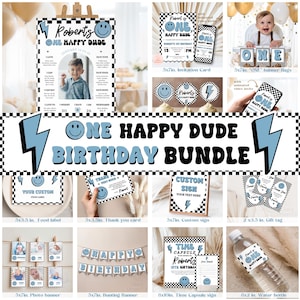 編集可能なOne Happy Dudeブルーブラックレトロスマイリーフェイスパーティーデコレーションバンドル最初の1歳の誕生日One Happy Dude男の子の誕生日パッケージ