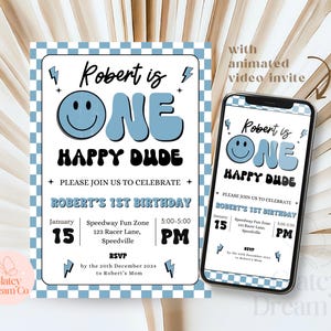 EDITABLE One Happy Dude Birthday Invite Template, Blue retro smiley face, One Happy Dude First bday phone invitation