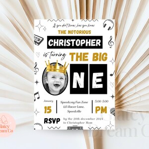 EDITABLE Notorious One, Animated video First Bday Invite, Hip Hop Birthday Invitation, Biggie Small 1St Birthday, Black And White printable image 5
