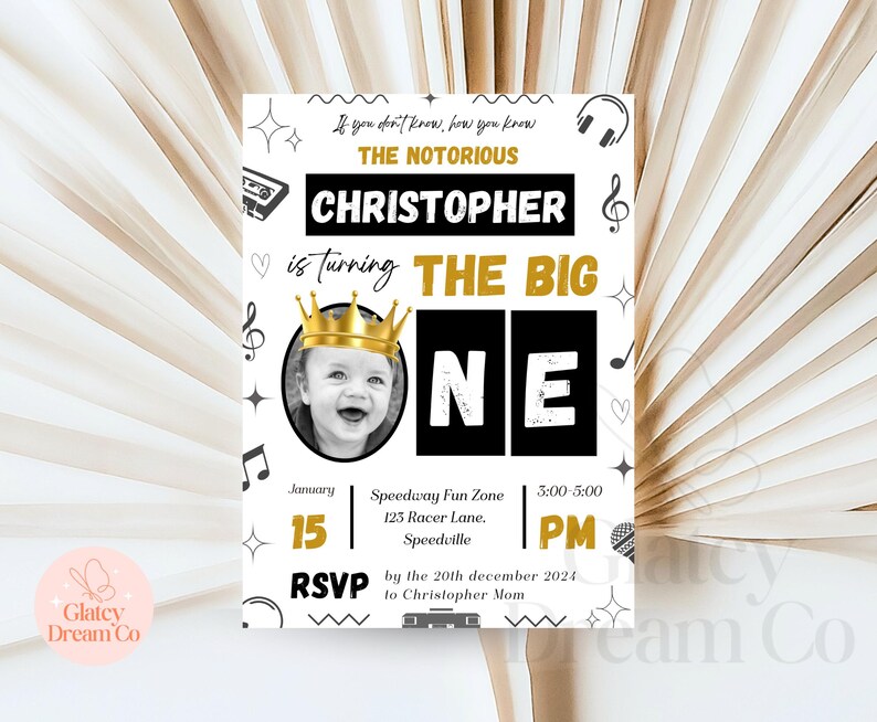 EDITABLE Notorious One, Animated video First Bday Invite, Hip Hop Birthday Invitation, Biggie Small 1St Birthday, Black And White printable image 5