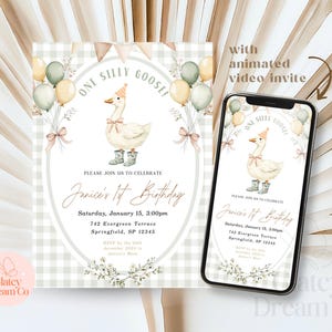EDITABLE One Silly Goose First Birthday Invitation, Animated Video Bday Party, Silly Goose Invite Digital 1st Birthday Invitation