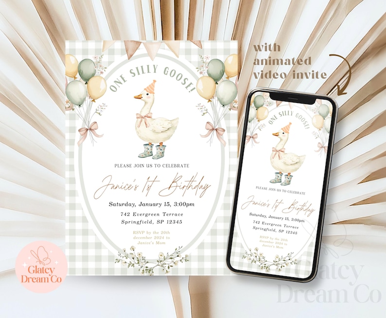 EDITABLE One Silly Goose First Birthday Invitation, Animated Video Bday Party, Silly Goose Invite Digital 1st Birthday Invitation