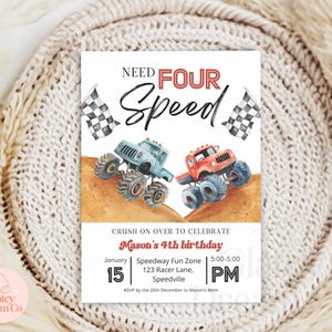 Invito a tema Monster Truck e invito video animato, "Need four speed for Boys 4th Birthday" - Modello digitale stampabile per la festa di compleanno. immagine 5