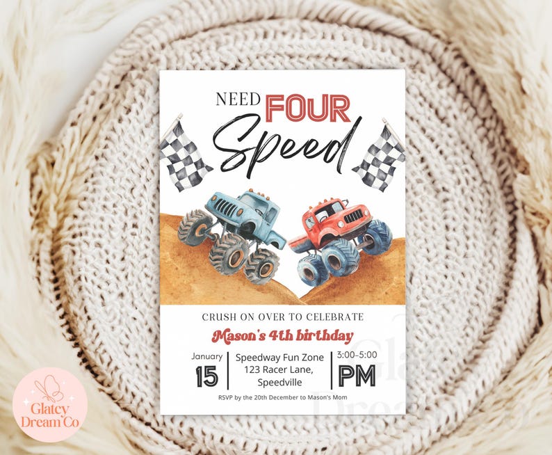 Invito a tema Monster Truck e invito video animato, "Need four speed for Boys 4th Birthday" - Modello digitale stampabile per la festa di compleanno. immagine 5