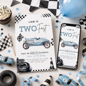 May include: A birthday invitation card and a smartphone screen displaying a race car theme with the text Liam is Two Fast. The design features a light blue vintage race car, a checkered flag, a tire, and a traffic cone on a white background.