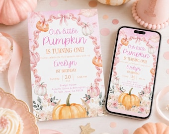 EDITABLE Our little pumpkin, pink bow cute sweet baby girl 1st birthday invitation, fall autumn october sept evite, Digital download