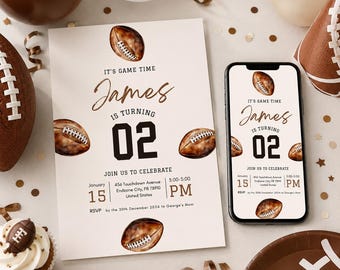 American football birthday party invite for Any age, Game time, Sport boy bday Phone evite, boho canva template