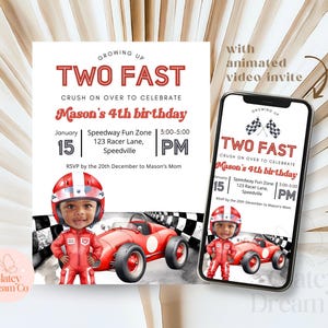 EDITABLE Growing up TWO fast racing red car invitation for baby boy 2nd second birthday, photo personalized and  animated video evite