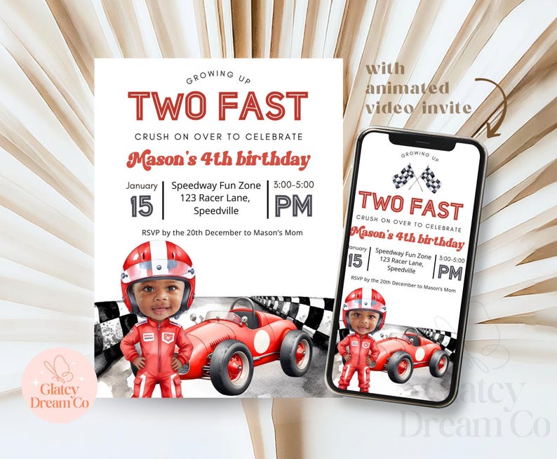EDITABLE Growing up TWO fast racing red car invitation for baby boy 2nd second birthday, photo personalized and  animated video evite
